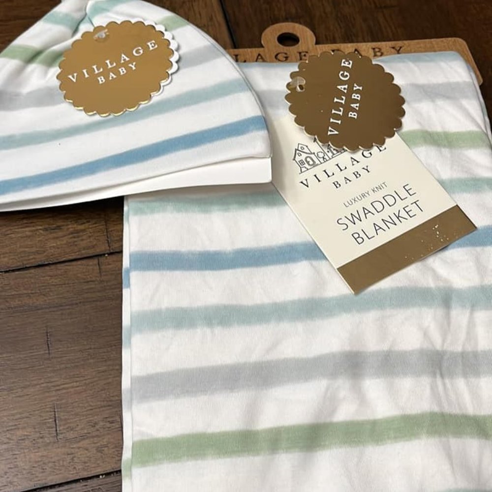 Extra Soft Stretchy Knit Swaddle Blanket and coordinating Hat: Dapper Stripes